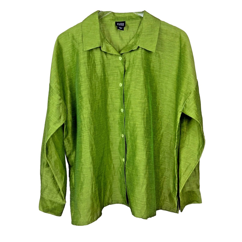Eileen Fisher Sheer Blouse Womens L Green Linen Blend Slub Shirt Lagenlook Bold
